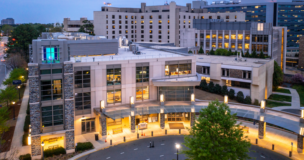 Aerial view of Duke Eye Center buildings - Hudson, Wadsworth and AERI buildings with the Duke Medical Center Campus in the background