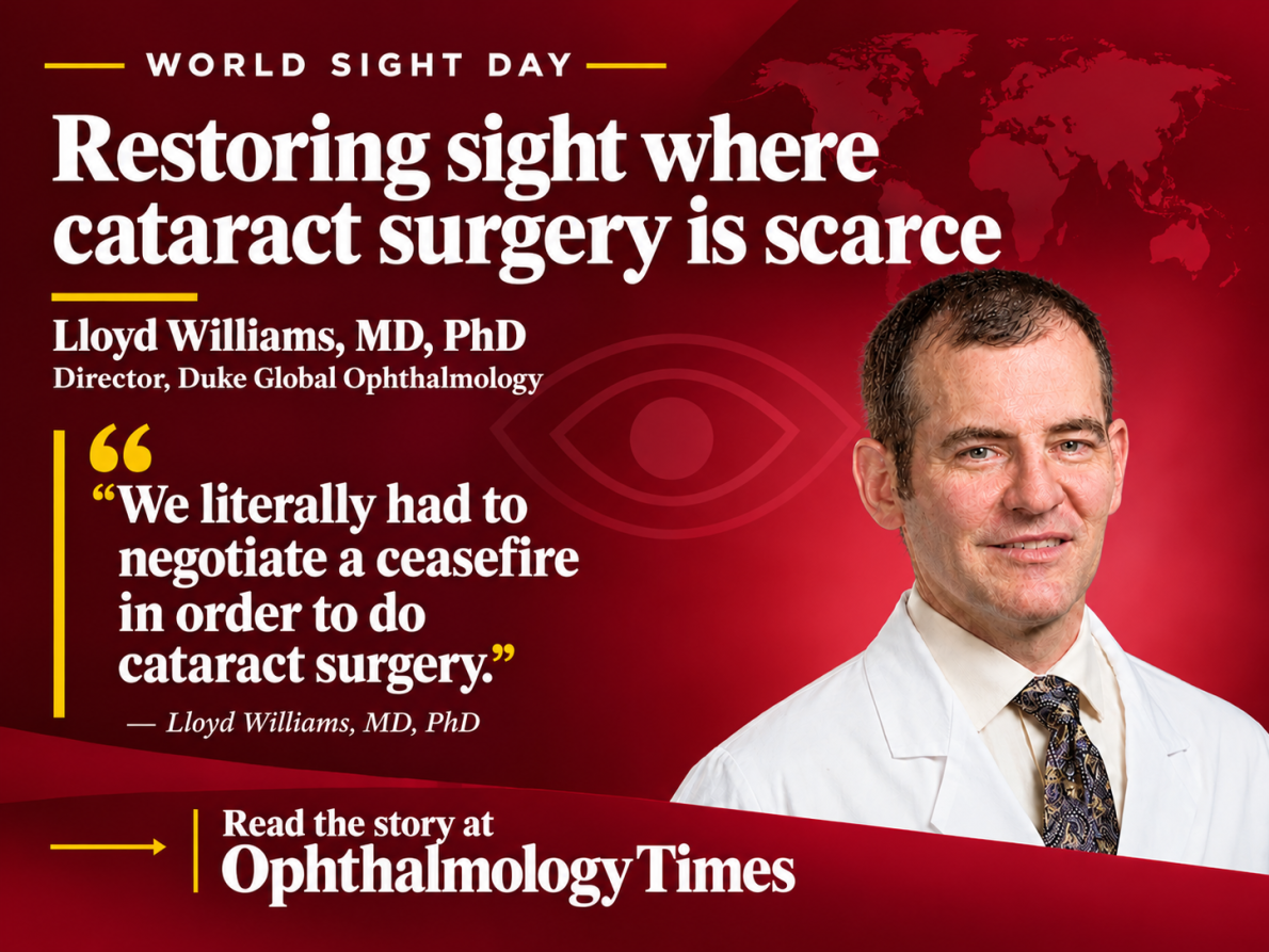 Graphic, Restoring sight where cataract surgery is scarce, Lloyd Williams head shot with Ophthalmology times logo and quote