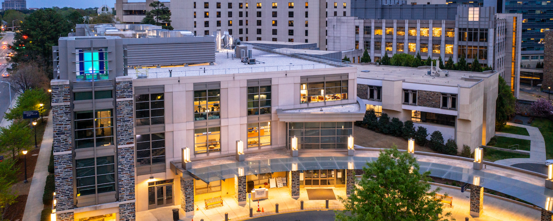 Aerial view of Duke Eye Center buildings - Hudson, Wadsworth and AERI buildings with the Duke Medical Center Campus in the background