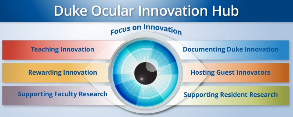 Duke Ocular Innovation Hub Graphic with 6 focus areas around a drawing of an eye. the 6 focus areas are teaching innovation, faculty research, awards, innovations, resident research, and guest lectures 
