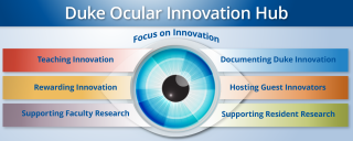Duke Ocular Innovation Hub Graphic with 6 focus areas around a drawing of an eye. the 6 focus areas are teaching innovation, faculty research, awards, innovations, resident research, and guest lectures