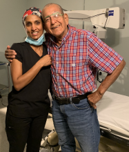eye surgeon Anupauma Horne with a happy male patient whose sight is restored after cataract surgery 